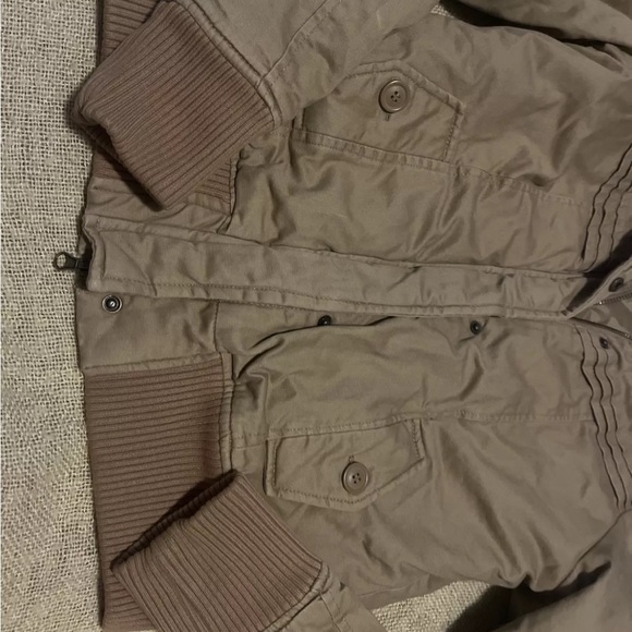 dear ab jacket Juniors L Tan Bomber Style Fitted Missing Hoodie Quilted Lining - Picture 4 of 8